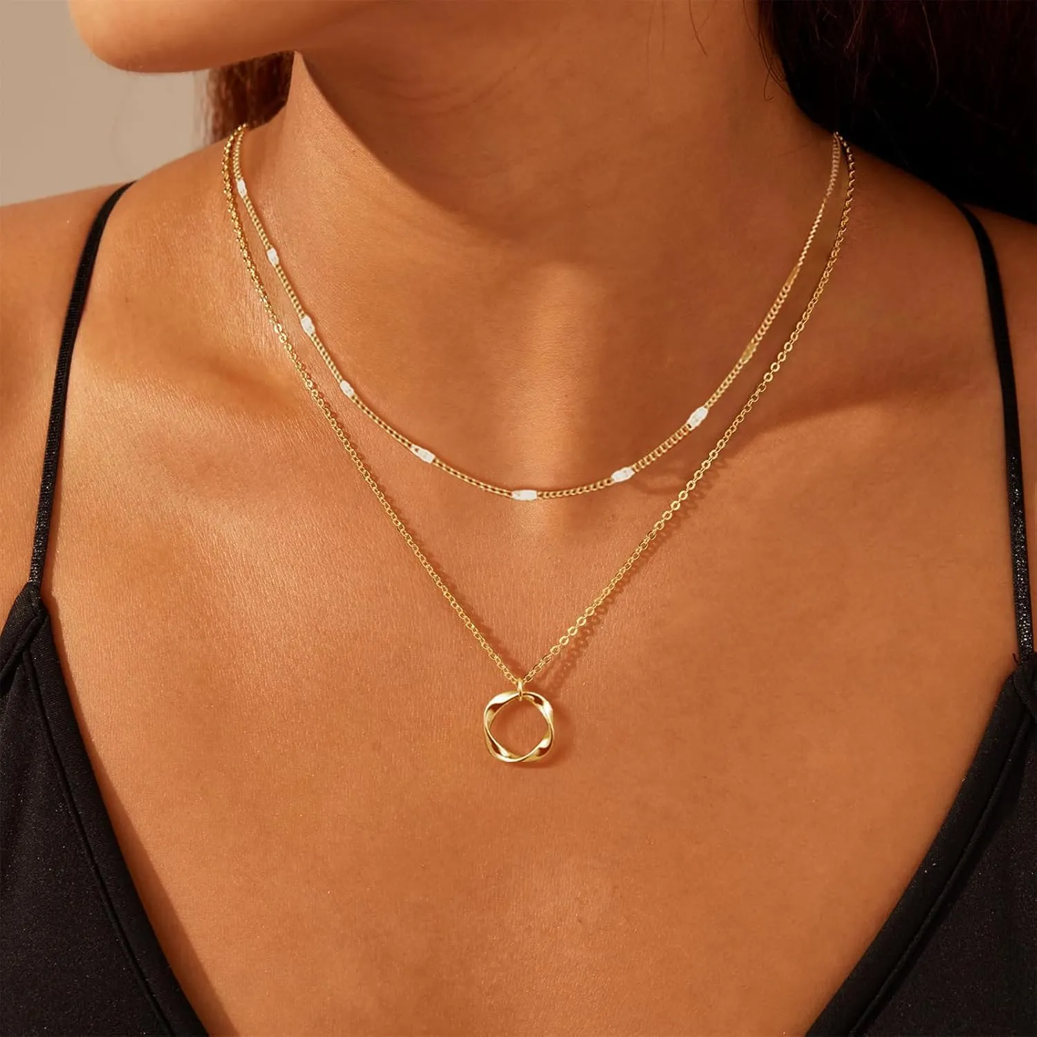 Gold Layered Necklaces for Women 14k Gold Plated Dainty Stackable Choker Necklaces for Women Trendy Layering Circle Paperclip Chain Cute Pendant Necklace Set Gold Jewelry for Women