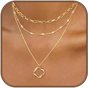 Gold Layered Necklaces for Women 14k Gold Plated Dainty Stackable Choker Necklaces for Women Trendy Layering Circle Paperclip Chain Cute Pendant Necklace Set Gold Jewelry for Women