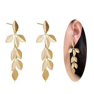 Gold Long Leaf Stud Earrings Handmade Leaf Dangling Earrings for Women Plant Earrings for Gift
