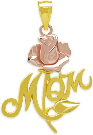 Gold Mom with Rose Charm - 10k Solid Gold - Mother's Day Gift