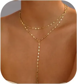 Gold Necklace for Women, Dainty Gold Long Necklaces 14k Gold Plated Prom Bar CZ Lariat Necklace Simple Choker Necklaces for Women Trendy Boho Fashion Costume Jewelry Womens