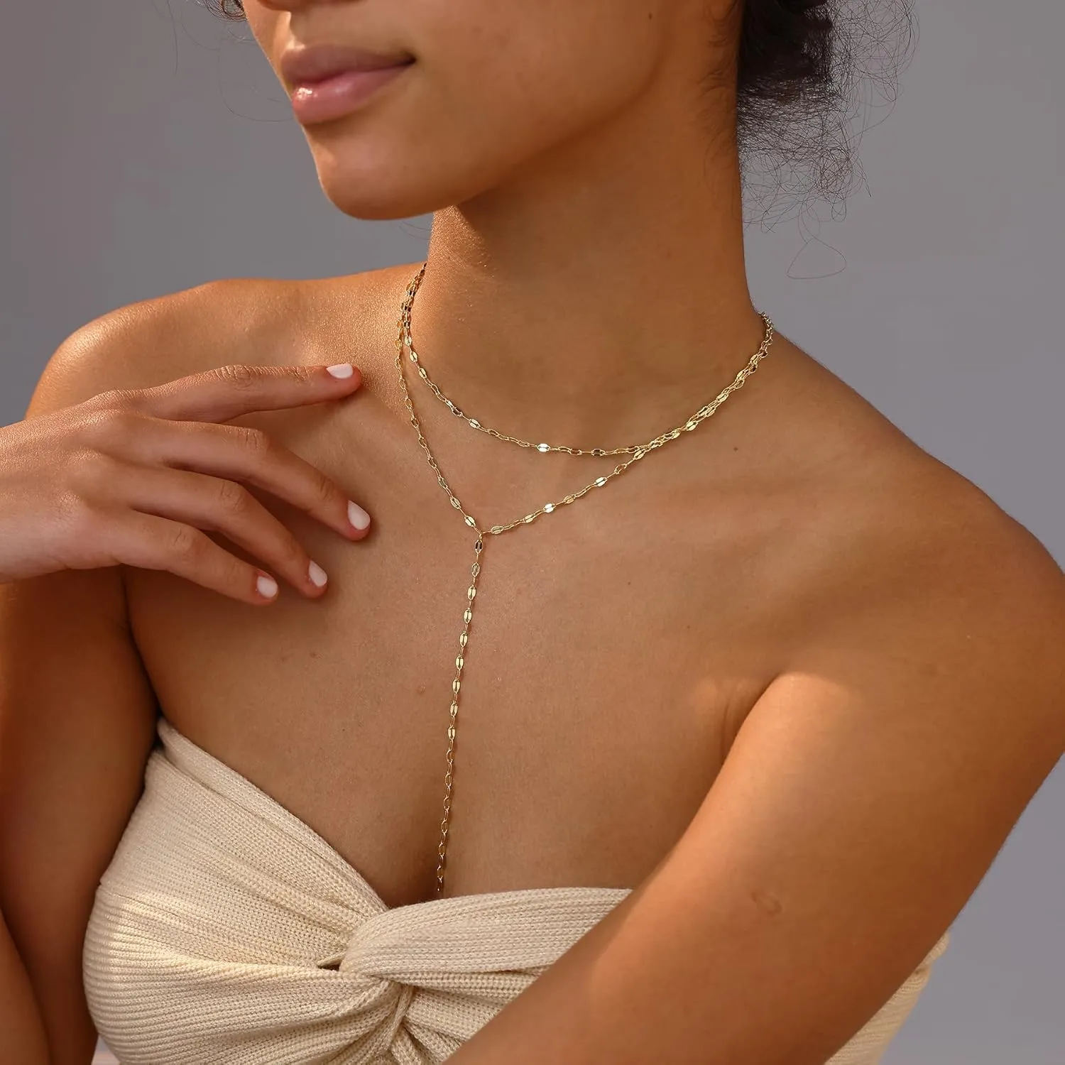 Gold Necklace for Women, Dainty Gold Long Necklaces 14k Gold Plated Prom Bar CZ Lariat Necklace Simple Choker Necklaces for Women Trendy Boho Fashion Costume Jewelry Womens