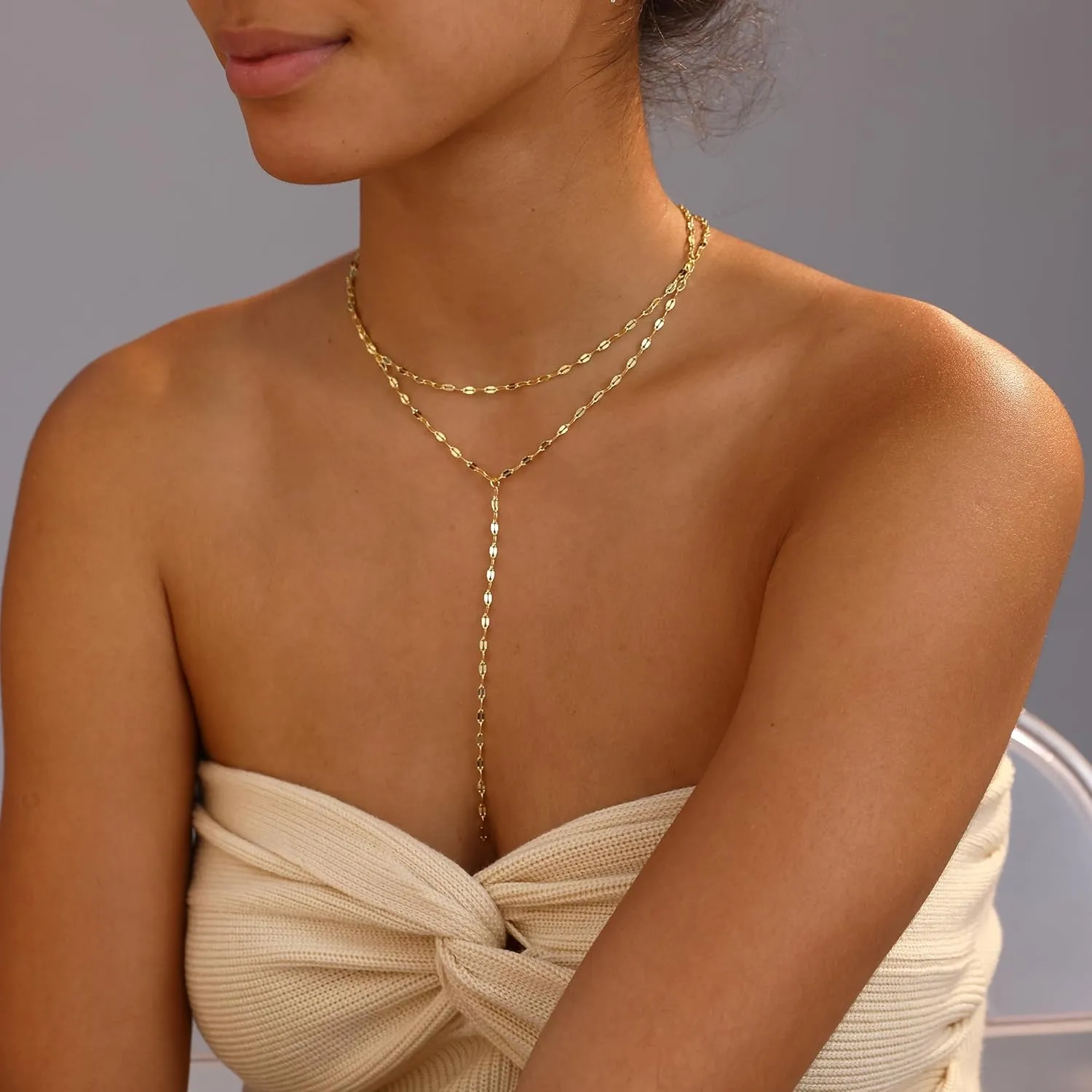 Gold Necklace for Women, Dainty Gold Long Necklaces 14k Gold Plated Prom Bar CZ Lariat Necklace Simple Choker Necklaces for Women Trendy Boho Fashion Costume Jewelry Womens