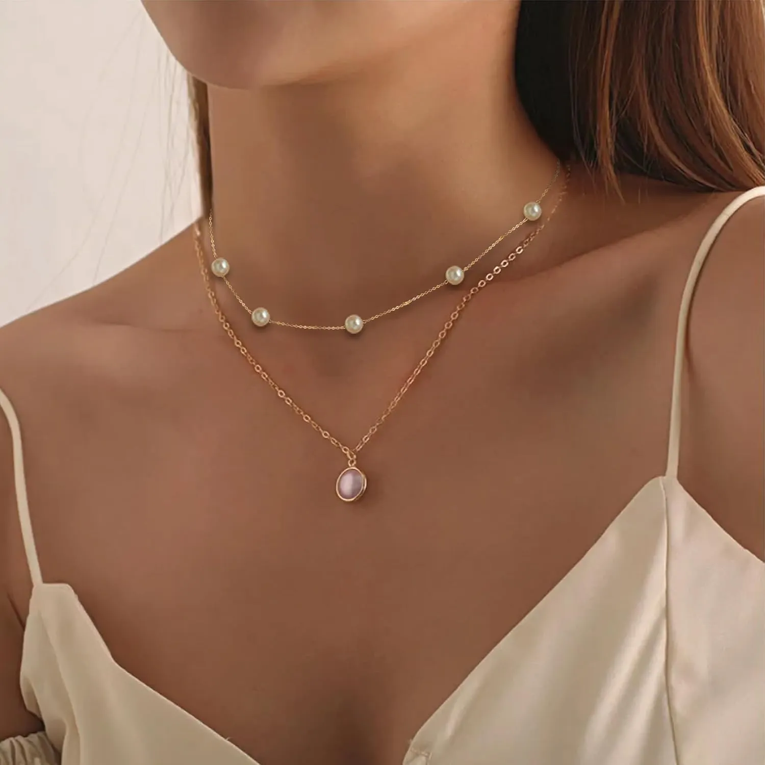 Gold Pearl Necklace, 6 MM Pearl Choker Necklace 15'' Pearl Necklaces for Women Dainty Choker Pearl Strands Jewelry Wedding Bride Bridesmaid Gifts Wedding Birthday Summer Beach Accessories