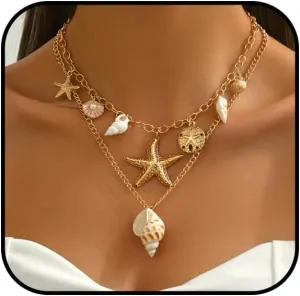 Gold Shell Necklace for Women Dainty Pearl Starfish Charm Necklace Layered Cute Starfish Chain Necklaces Chunky Gold Sea Snail Pendant Necklaces Boho Summer Vacation Jewelry Accessories