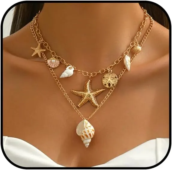 Gold Shell Necklace for Women Dainty Pearl Starfish Charm Necklace Layered Cute Starfish Chain Necklaces Chunky Gold Sea Snail Pendant Necklaces Boho Summer Vacation Jewelry Accessories