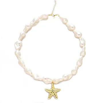 Gold Shell Starfish Necklace for Women Chunky Baroque Pearl Choker Necklaces Vintage Pearl Charm Necklace Birthday Wedding Jewelry for Women