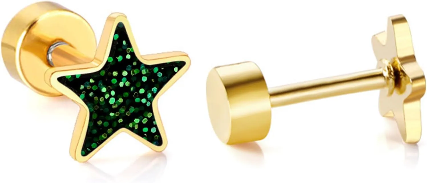 Gold Star Earrings for Women, 14K Gold Plated 316L Surgical Steel Hypoallergenic Flat Back Stud Earrings, Cute Small Star Stud Earrings for Sensitive Ears, 18G Post Screw Back Trendy Jewelry Gifts