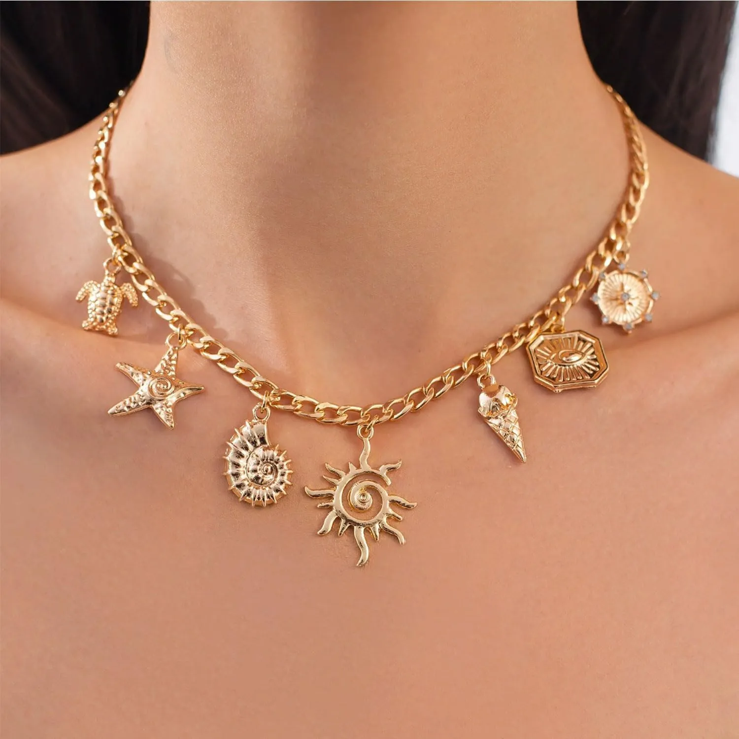 Gold Starfish Shell Pendant Necklace for Women Pearl Sun Evil Eye Charm Necklace Chunky Statement Conch Necklace Gold Layered Necklaces Boho Summer Jewelry Gifts