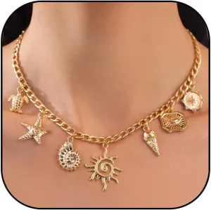 Gold Starfish Shell Pendant Necklace for Women Pearl Sun Evil Eye Charm Necklace Chunky Statement Conch Necklace Gold Layered Necklaces Boho Summer Jewelry Gifts