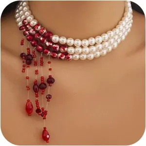 Gothic Blood Red Pearl Choker Halloween Necklaces for Women, Layered Dripping Bloody Pearls Necklace Jewelry Party Gift Costume Accessories