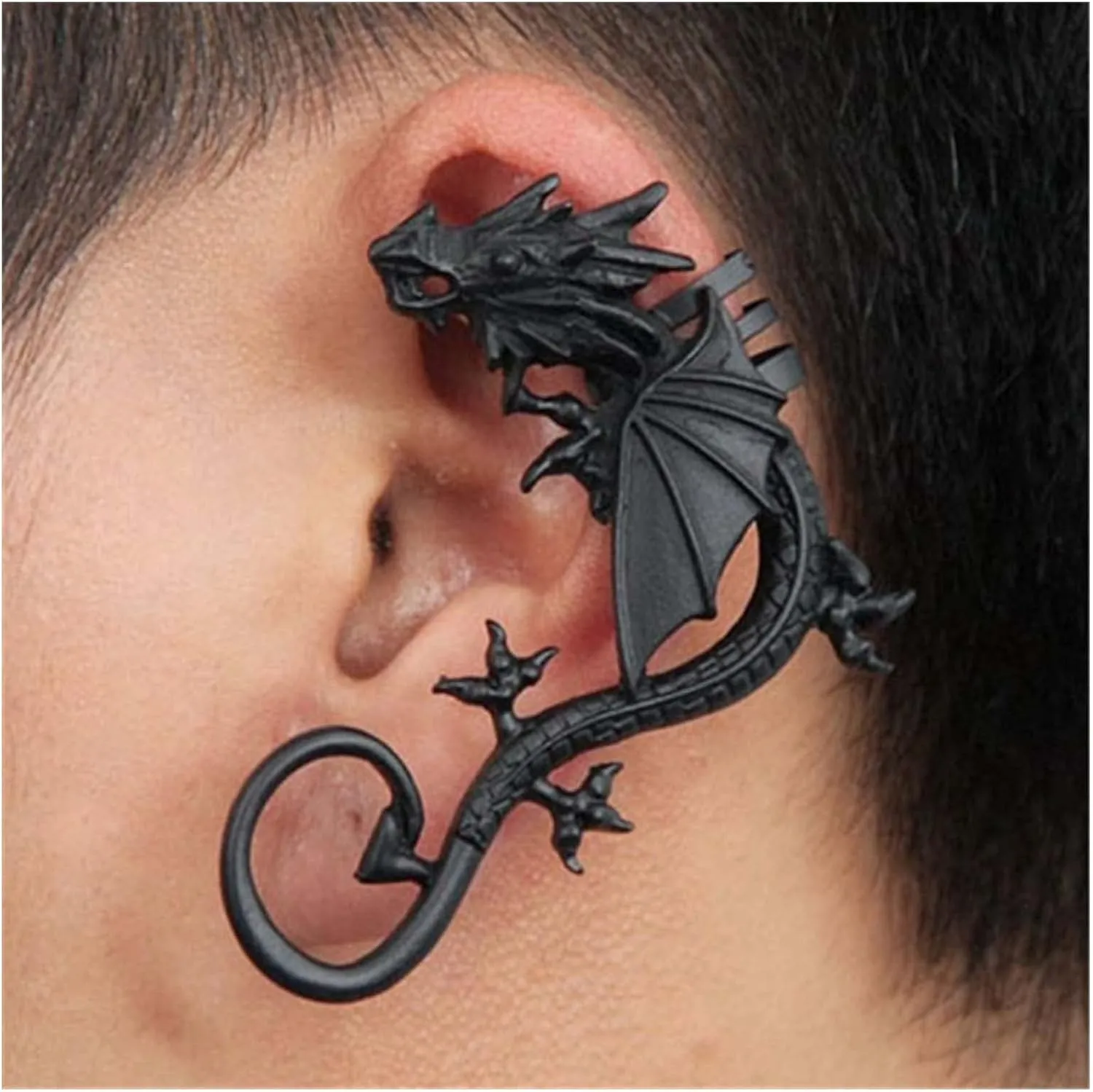 Gothic Dragon Cuff Wrap Earrings Dragon Cartilage Cuff Earrings Metal Dragon Ear Cuff Earrings Black Crawler Climber Earrings Ancient Dragon Ear Clip Earrings Jewelry for Women