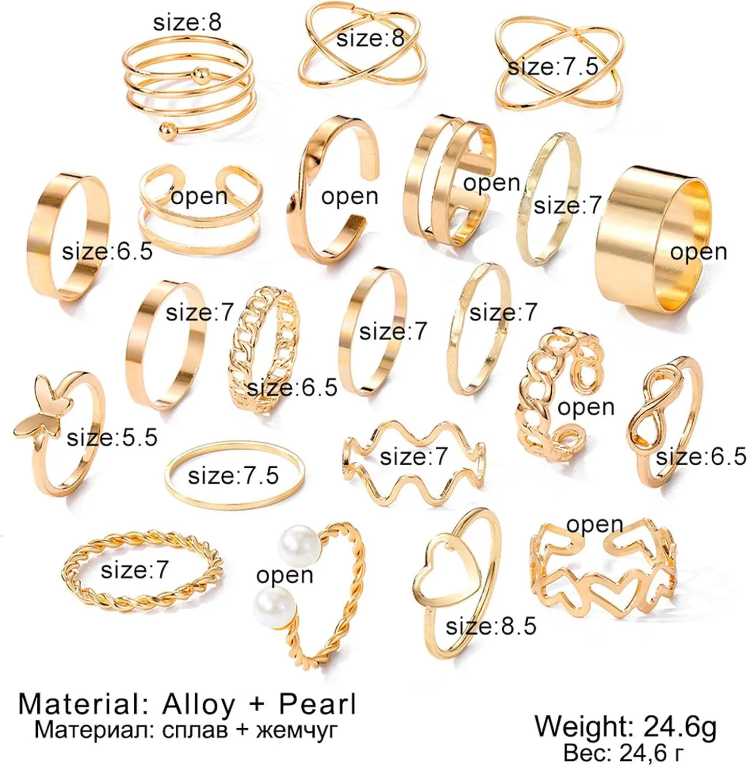 GYRMMUE 22Pcs Kunckle Rings Set for Women Boho Stackable Joint Rings Butterfly Pearl Heart Rings Vintage Open Adjustable Finger Rings Statement Ring Set Jewelry