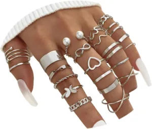 GYRMMUE 22Pcs Kunckle Rings Set for Women Boho Stackable Joint Rings Butterfly Pearl Heart Rings Vintage Open Adjustable Finger Rings Statement Ring Set Jewelry