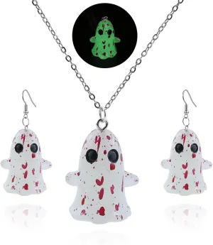 Halloween Ghost Earring Necklace Set for Women Glow Ghost Resin Earrings And Necklaces Cute Cartoon Ghost Jewelry Set Fluorescence in The Dark Earrings Jewelry