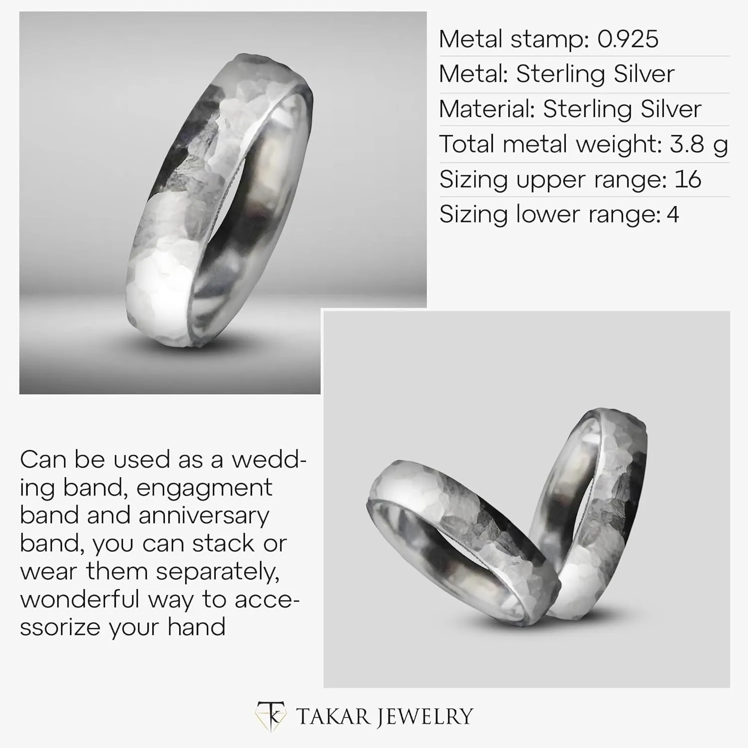 Hammered Sterling Silver Rings for Men and Women - 7mm Wide .925 Silver Bands in Small to Large Sizes - Comfortable Bands - Every Day Wear Hammered Band Ring - Christmas Gift Made In USA