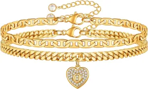 Heart Initial Ankle Bracelets for Women, 14k Gold Plated Layered Cuban Link Anklets for Women Letter Gold Anklets for Women Mariner Anklet Jewelry for Women Teen Girls Jewelry Gifts