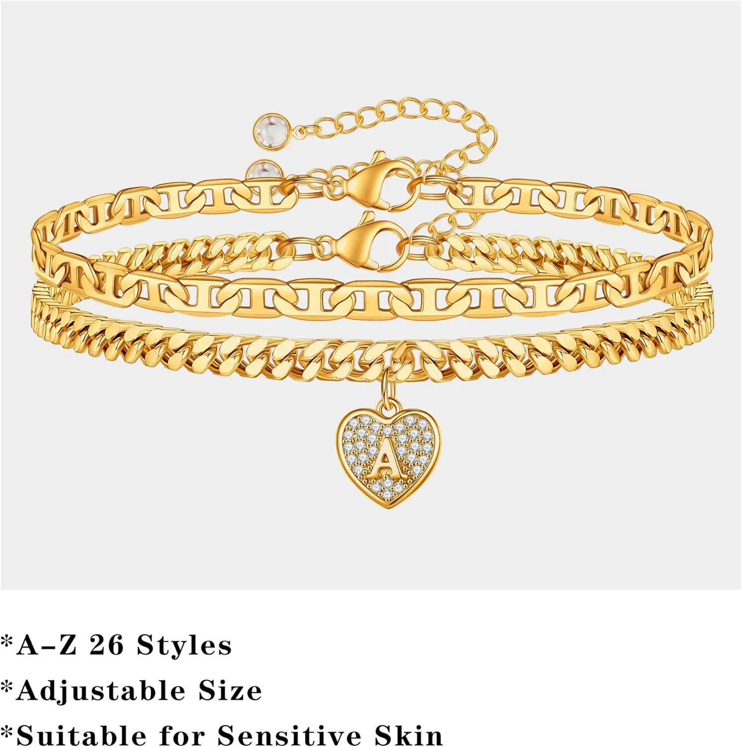 Heart Initial Ankle Bracelets for Women, 14k Gold Plated Layered Cuban Link Anklets for Women Letter Gold Anklets for Women Mariner Anklet Jewelry for Women Teen Girls Jewelry Gifts