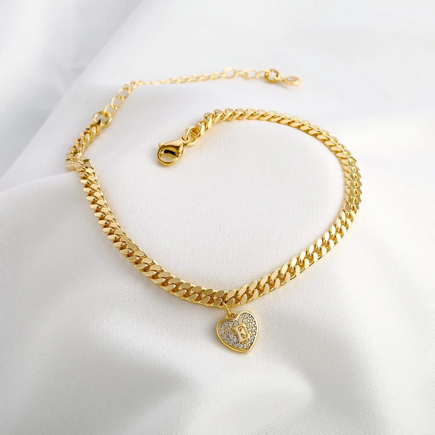 Heart Initial Ankle Bracelets for Women, 14k Gold Plated Layered Cuban Link Anklets for Women Letter Gold Anklets for Women Mariner Anklet Jewelry for Women Teen Girls Jewelry Gifts