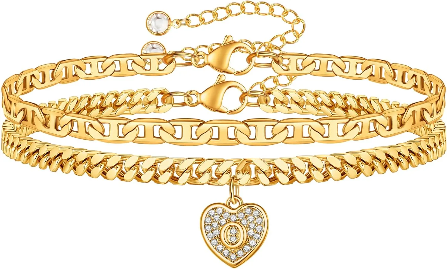 Heart Initial Ankle Bracelets for Women, 14k Gold Plated Layered Cuban Link Anklets for Women Letter Gold Anklets for Women Mariner Anklet Jewelry for Women Teen Girls Jewelry Gifts