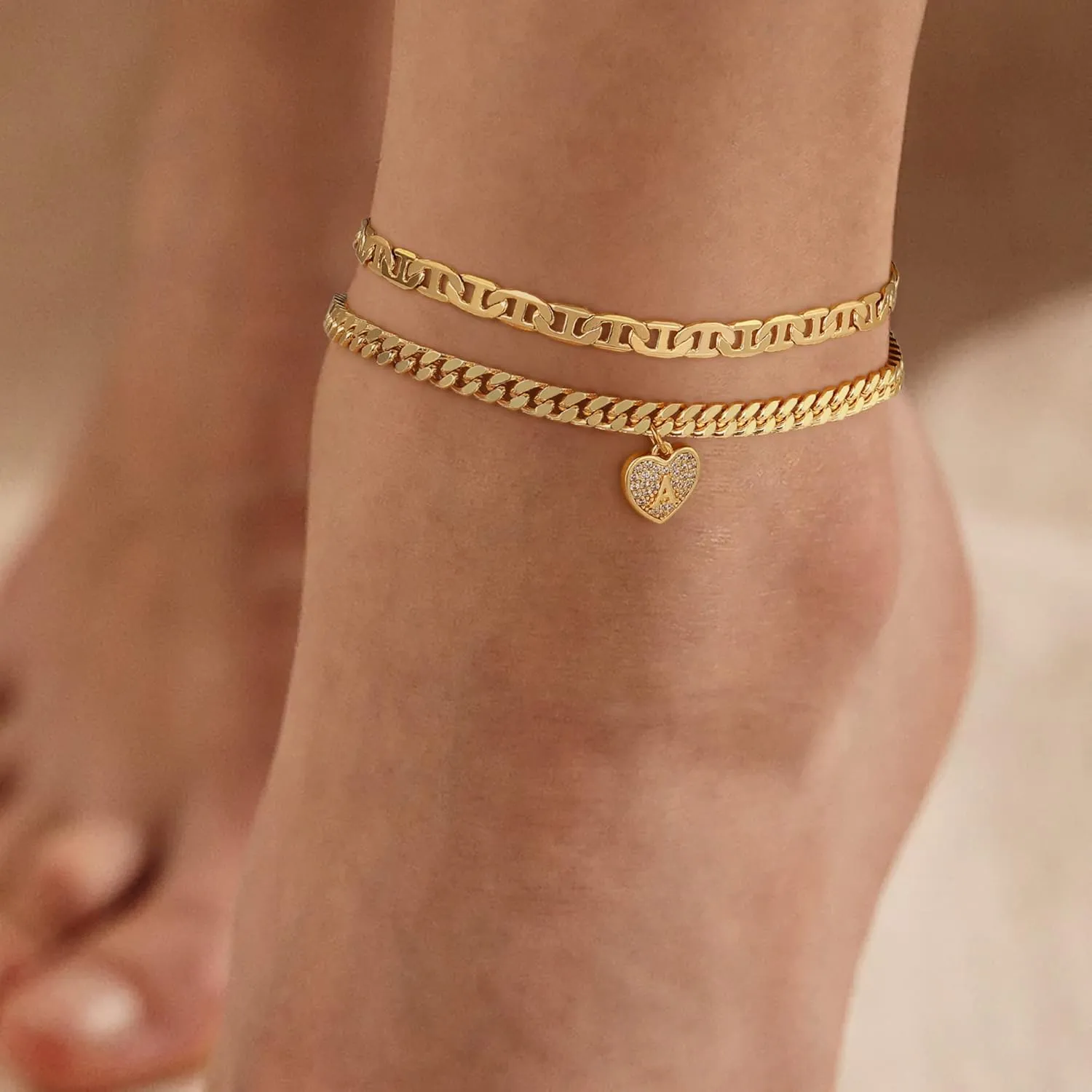 Heart Initial Ankle Bracelets for Women, 14k Gold Plated Layered Cuban Link Anklets for Women Letter Gold Anklets for Women Mariner Anklet Jewelry for Women Teen Girls Jewelry Gifts