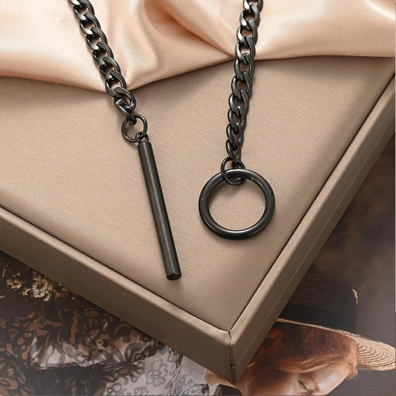 Heart O Ring Slip Chain Choker Necklace for Women Men Stainless Steel Cuban Chain Y-shape Necklaces Punk Rock Collar Adjustable Lariat Y Necklace Prom Necklaces Jewelry