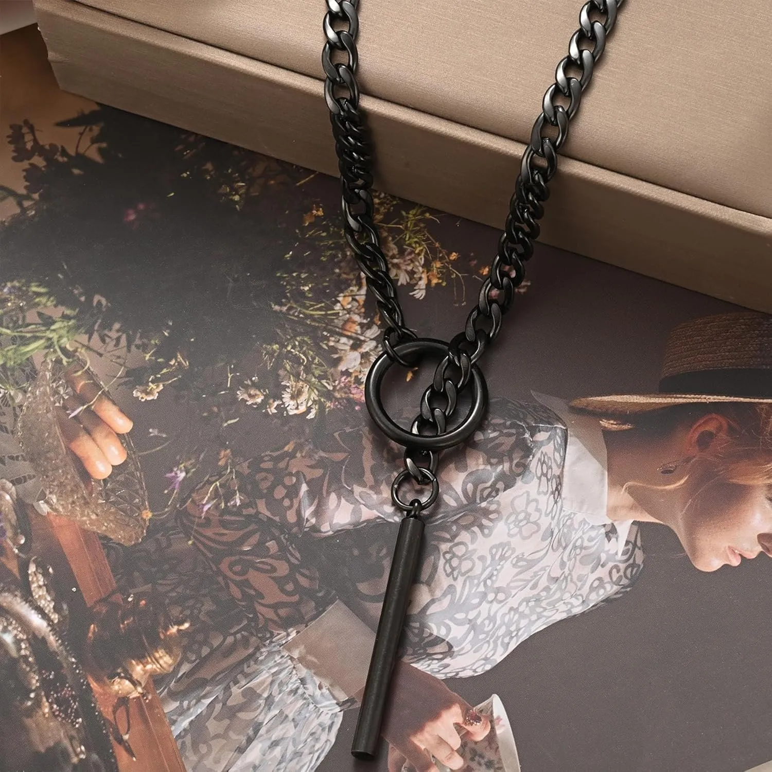 Heart O Ring Slip Chain Choker Necklace for Women Men Stainless Steel Cuban Chain Y-shape Necklaces Punk Rock Collar Adjustable Lariat Y Necklace Prom Necklaces Jewelry