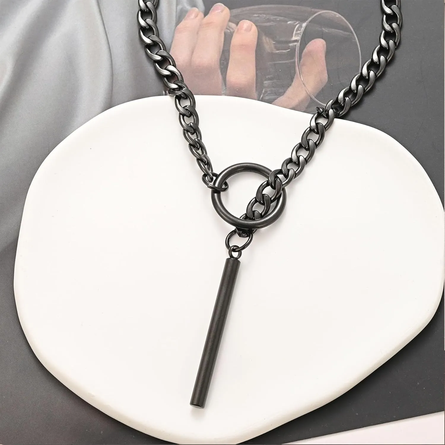 Heart O Ring Slip Chain Choker Necklace for Women Men Stainless Steel Cuban Chain Y-shape Necklaces Punk Rock Collar Adjustable Lariat Y Necklace Prom Necklaces Jewelry
