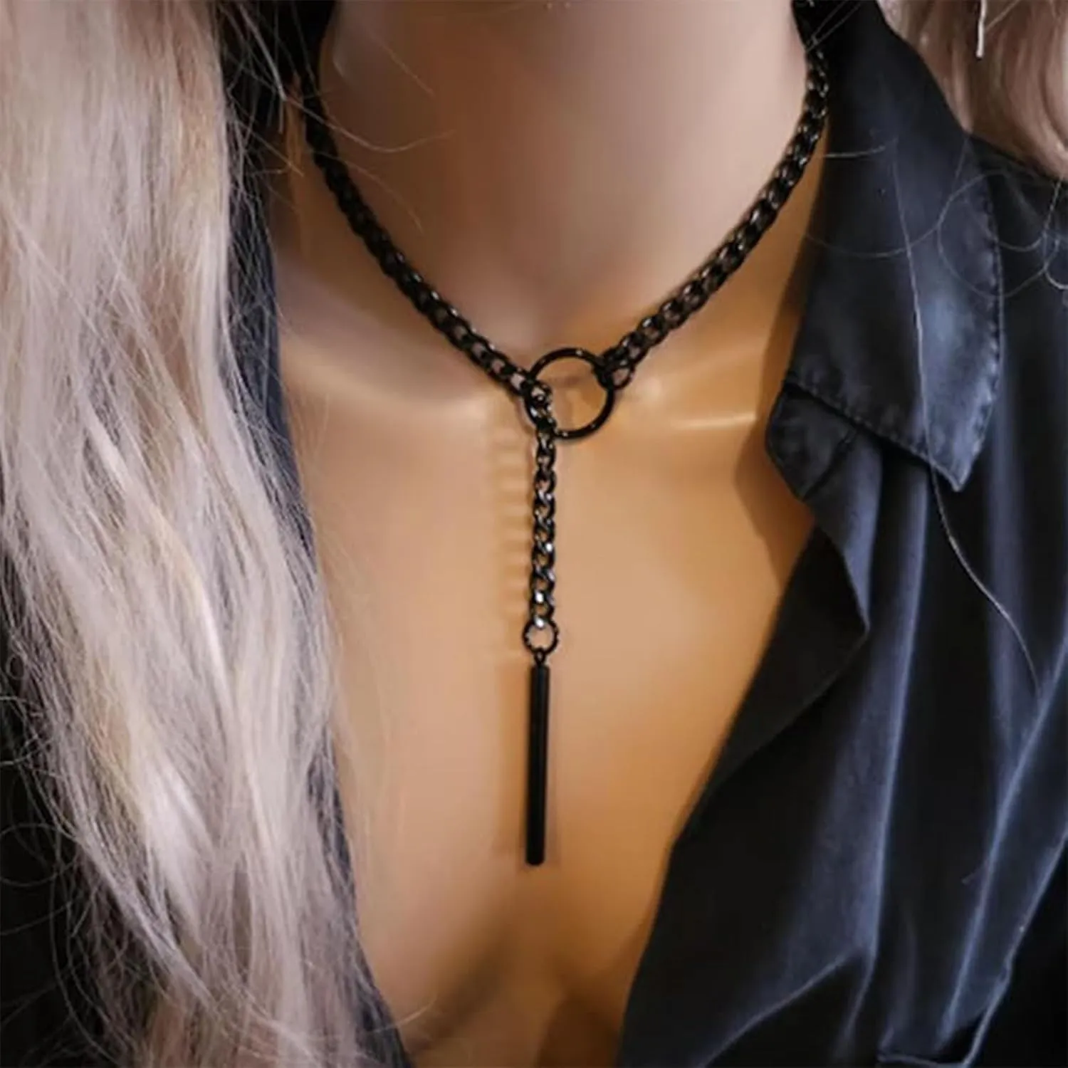 Heart O Ring Slip Chain Choker Necklace for Women Men Stainless Steel Cuban Chain Y-shape Necklaces Punk Rock Collar Adjustable Lariat Y Necklace Prom Necklaces Jewelry