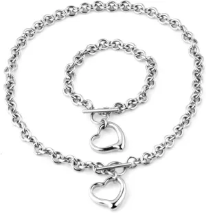 Heart Pendant Choker Necklace Bracelet Set Silver Stainless Steel Toggle Necklaces Chain for Women Chunky Toggle Necklace Plated Vintage Paper Clip Link Chain Cuban Bracelet for Women