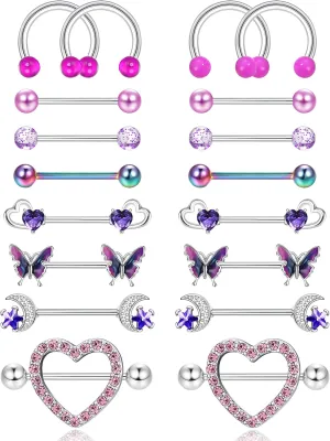 Helicopchain 9Pairs Nipple Rings For Women 14G Surgical Steel Barbell Tongue Rings CZ Flower Heart Butterfly Moon Ball Nipple Piercing Cute Nipplerings Body Piercing Jewelry Purple