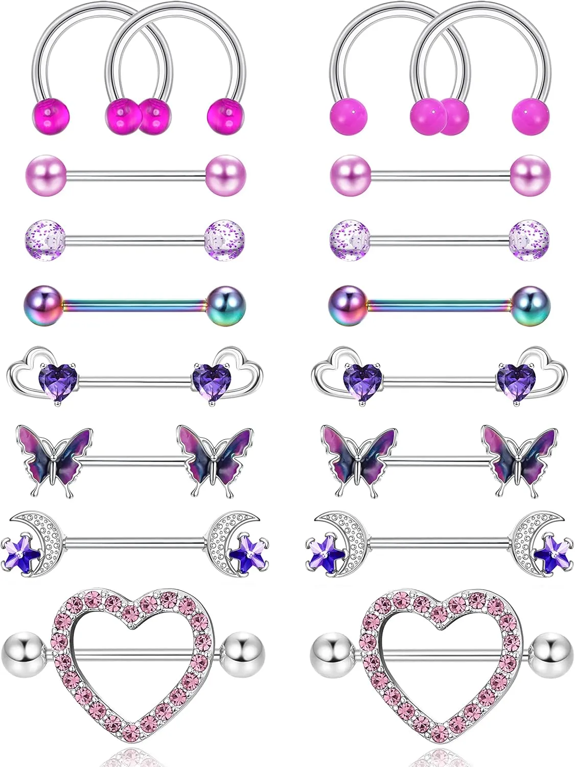 Helicopchain 9Pairs Nipple Rings For Women 14G Surgical Steel Barbell Tongue Rings CZ Flower Heart Butterfly Moon Ball Nipple Piercing Cute Nipplerings Body Piercing Jewelry Purple