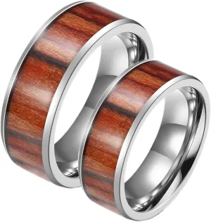 Her Promise Ring, Stainless Steel Ring Jewelry 2PCS Titanium 8mm Silver Ring Inlay Wood Wedding Bands Sz Women 6 Men 7 for Couple Engagement Jewelry