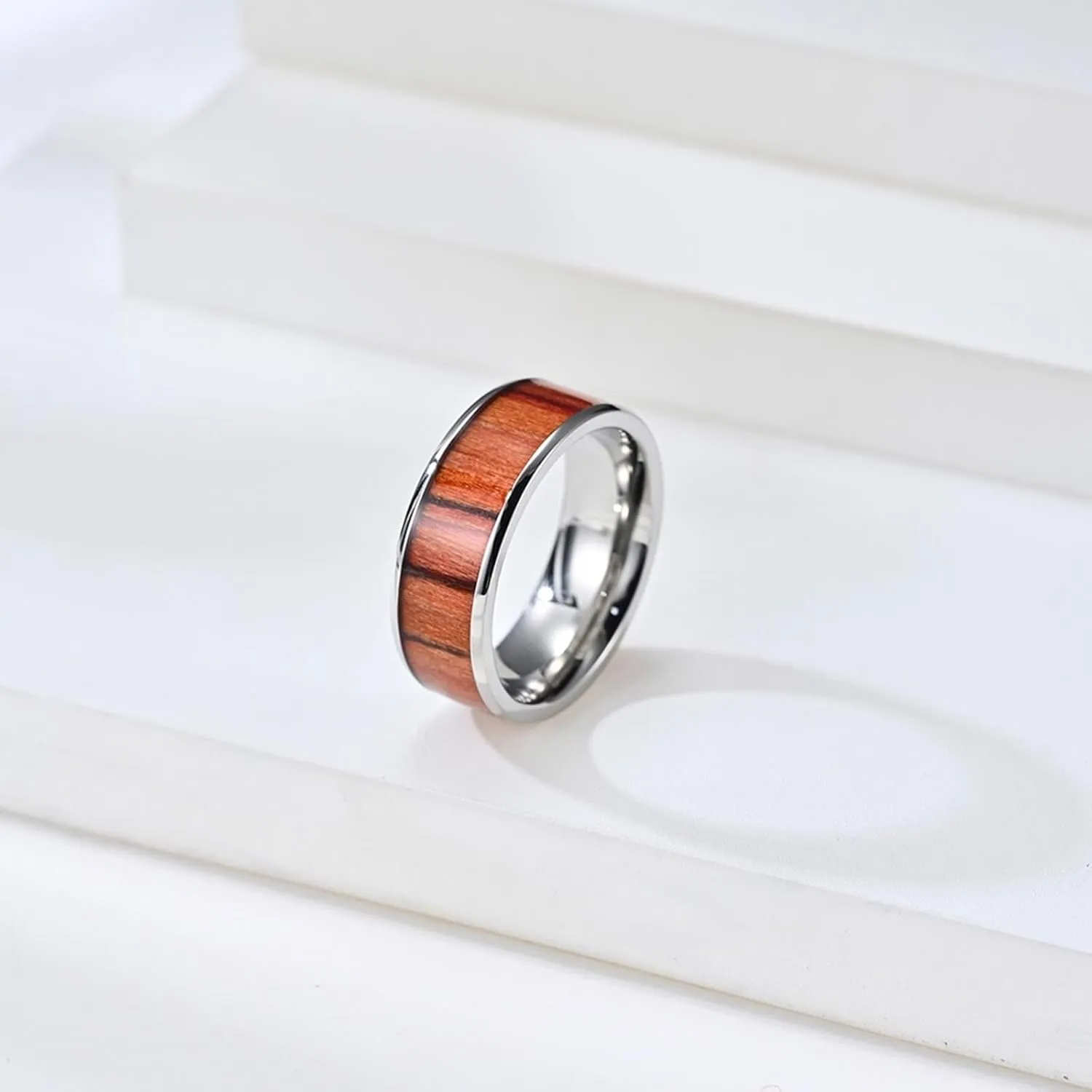 Her Promise Ring, Stainless Steel Ring Jewelry 2PCS Titanium 8mm Silver Ring Inlay Wood Wedding Bands Sz Women 6 Men 7 for Couple Engagement Jewelry