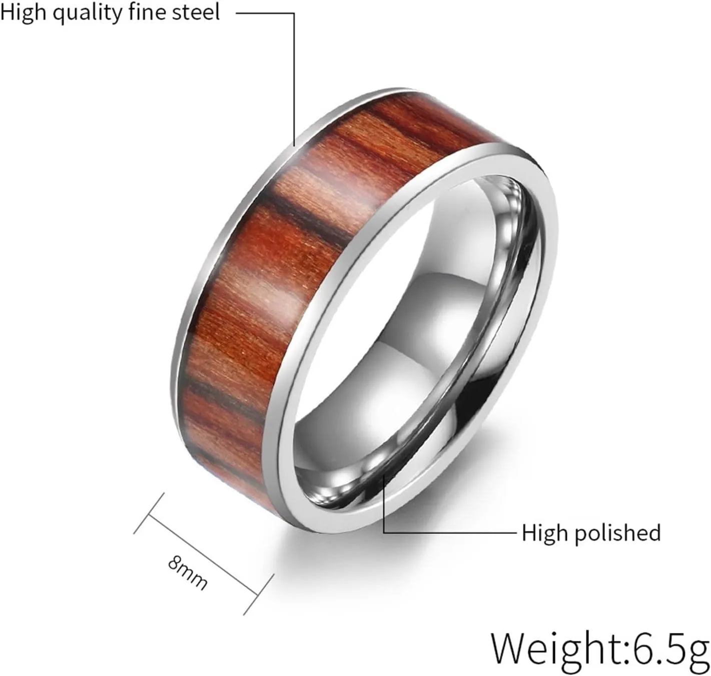 Her Promise Ring, Stainless Steel Ring Jewelry 2PCS Titanium 8mm Silver Ring Inlay Wood Wedding Bands Sz Women 6 Men 7 for Couple Engagement Jewelry