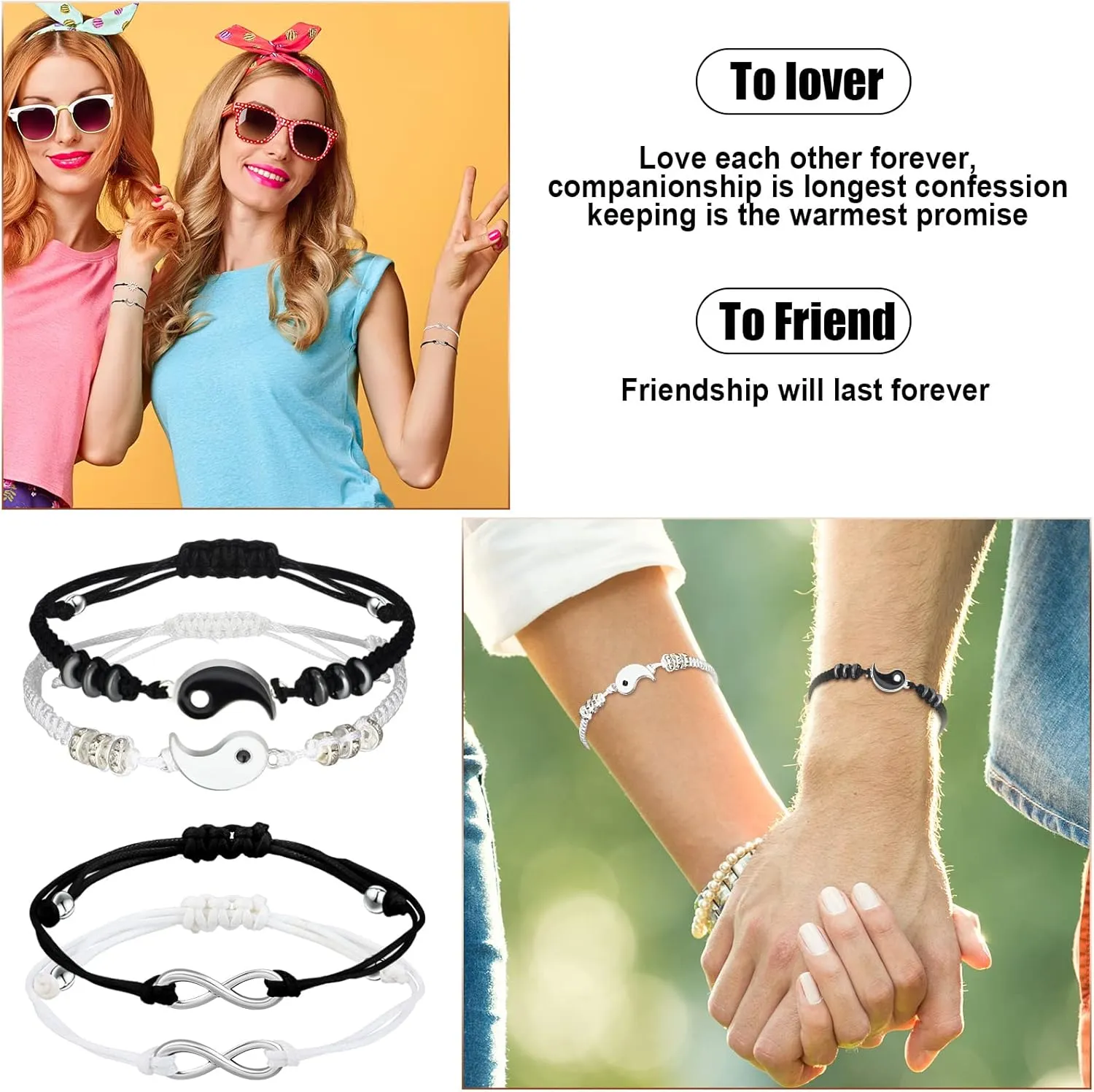 Hicarer 4 Sets Matching Yin Yang Friend Couple Bracelets Pinky Promise Bracelets Sun and Moon Bead Heart Bracelet for BFF Friendship Relationship