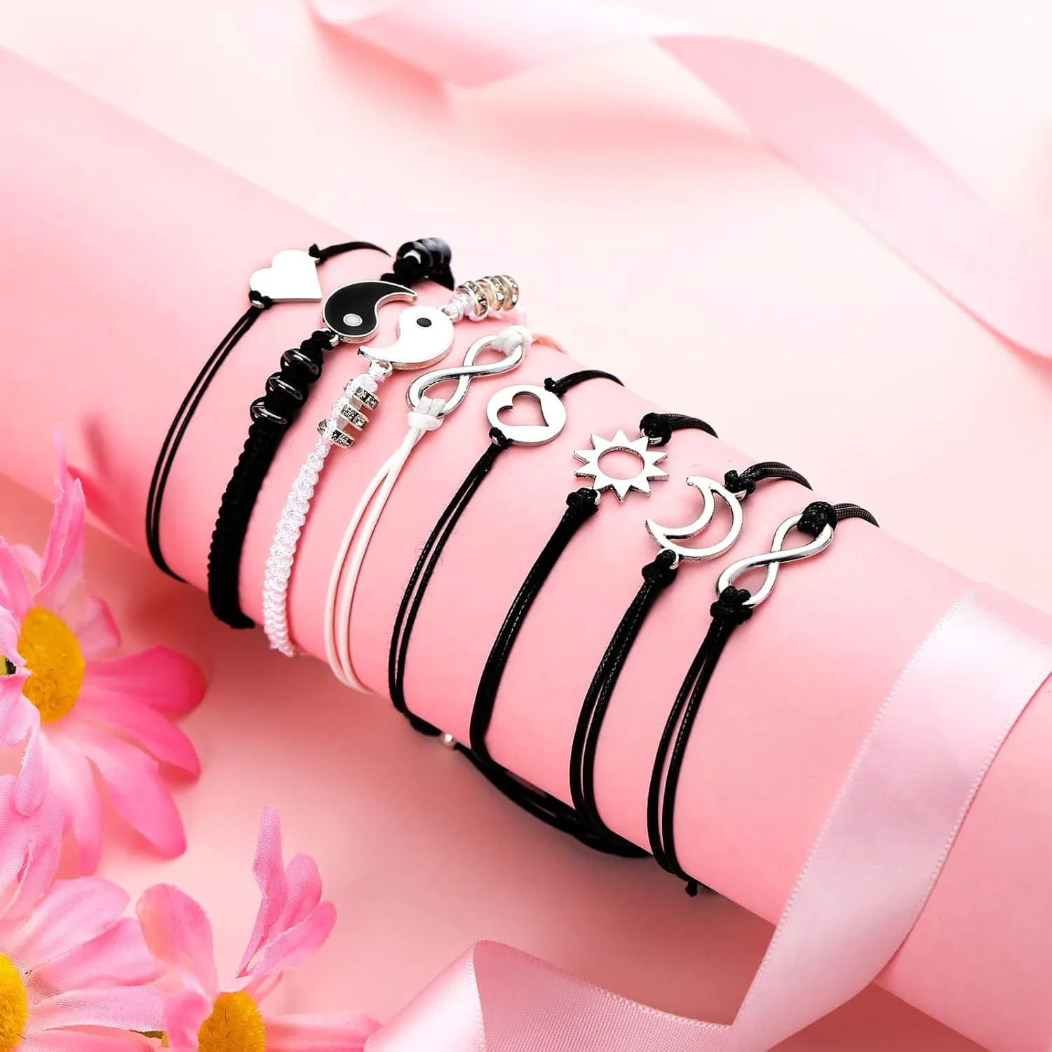 Hicarer 4 Sets Matching Yin Yang Friend Couple Bracelets Pinky Promise Bracelets Sun and Moon Bead Heart Bracelet for BFF Friendship Relationship