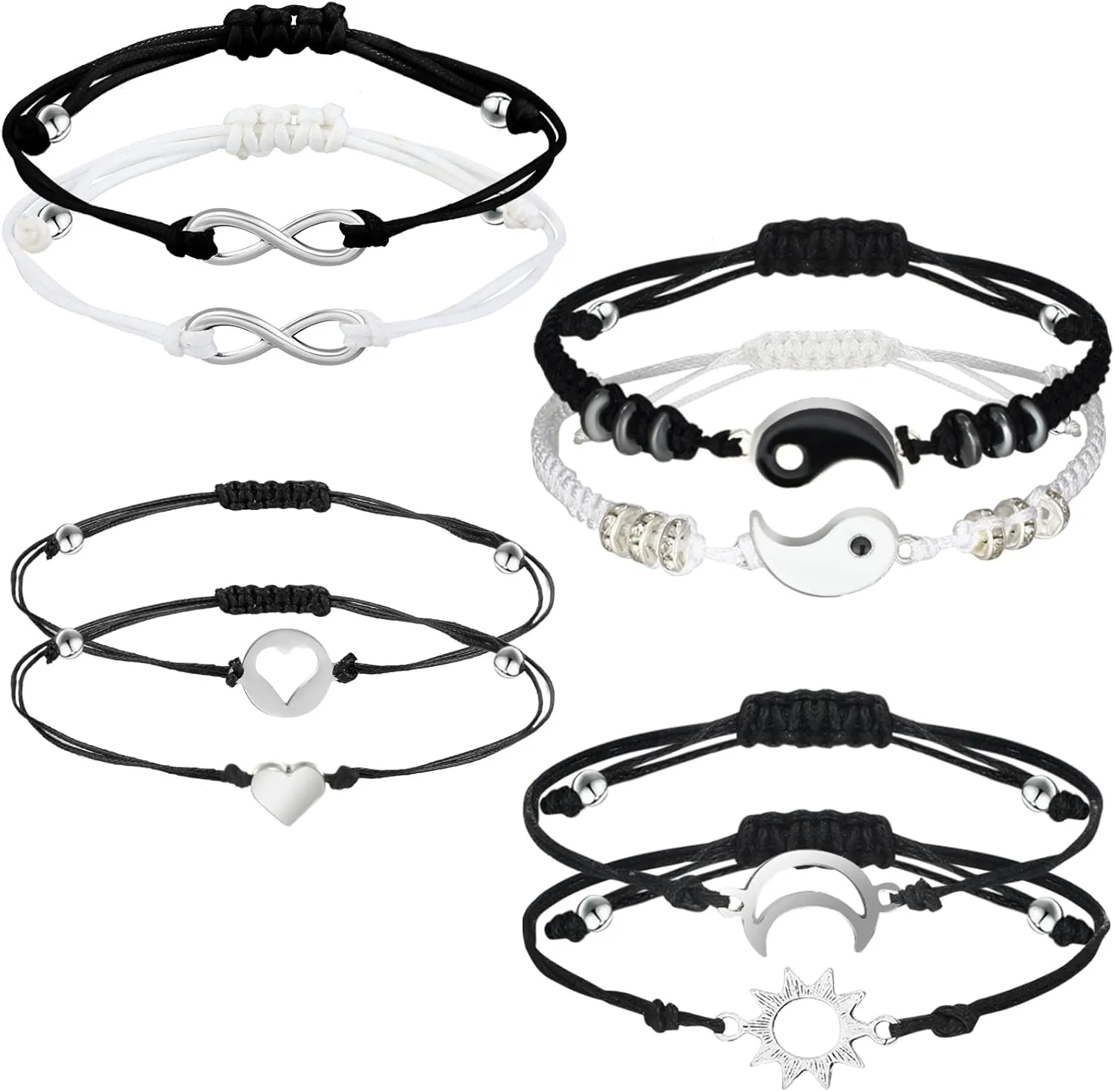 Hicarer 4 Sets Matching Yin Yang Friend Couple Bracelets Pinky Promise Bracelets Sun and Moon Bead Heart Bracelet for BFF Friendship Relationship