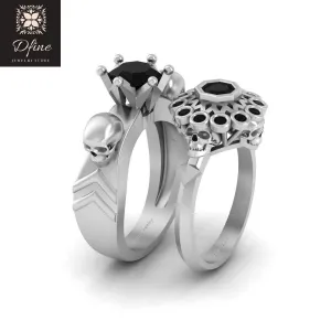 His and Her Matching Skull Wedding Ring Band Set Octagon Cut Black Onyx Engagement Rings Gothic Couple Rings