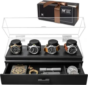 Holme & Hadfield Premium 4-Slot Wooden Watch Display Case  Handcrafted Mens Watch Box with Accessory Drawer, Hinged Cover, Leather Lining  Fathers Day Gift for Collectors  Luxury Built to Last
