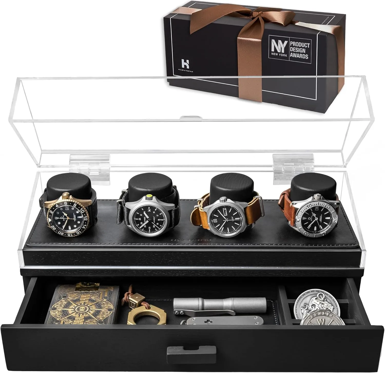 Holme & Hadfield Premium 4-Slot Wooden Watch Display Case  Handcrafted Mens Watch Box with Accessory Drawer, Hinged Cover, Leather Lining  Fathers Day Gift for Collectors  Luxury Built to Last