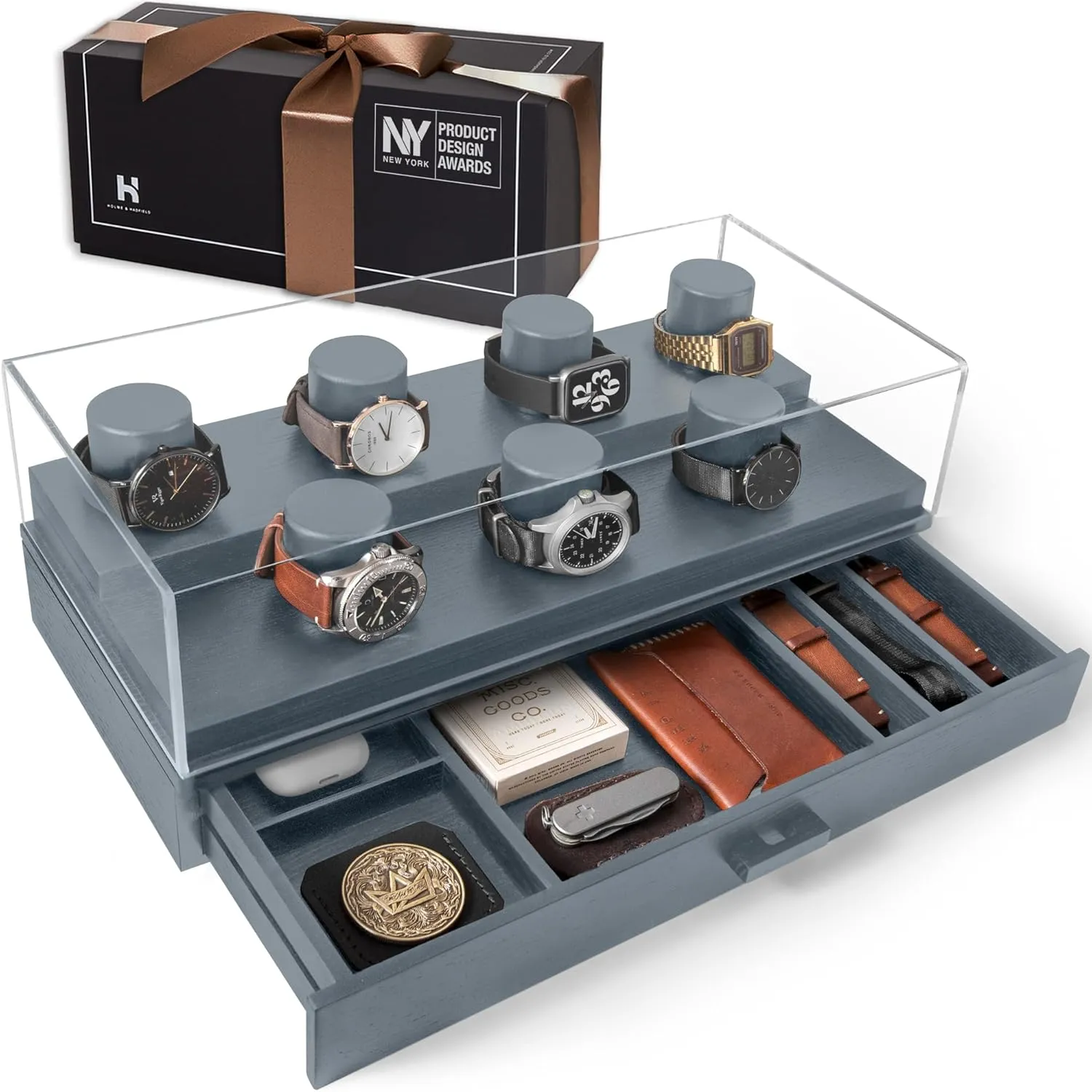 Holme & Hadfield Premium 7-Slot Wooden Watch Display Case with Lifetime Assurance  Large Handcrafted Mens Watch Box with Accessory Drawer  Fathers Day Gift for Collectors  Luxury Built to Last