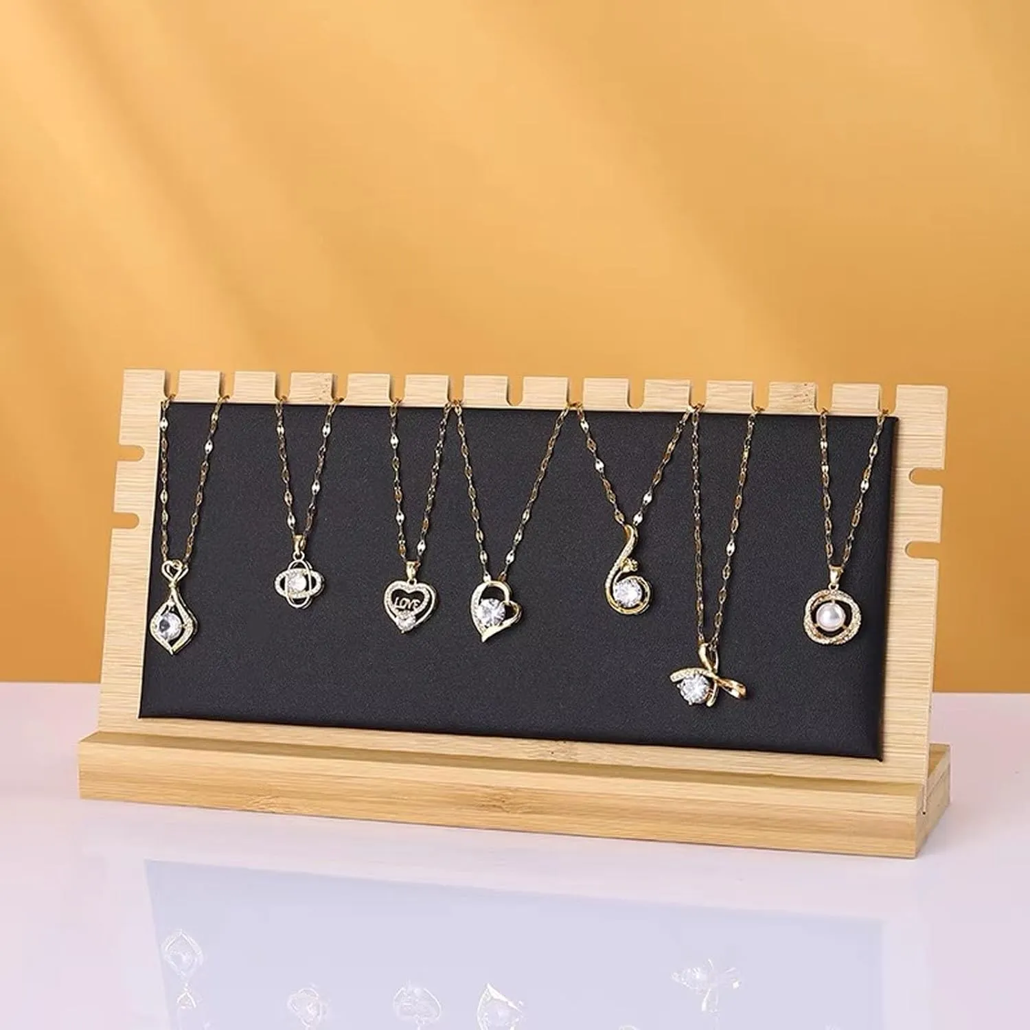 Horizontal Necklace Jewelry Display Stand with Black Leather Soft Mat Bamboo Necklace Pendant Tabletop Display Storage Holder
