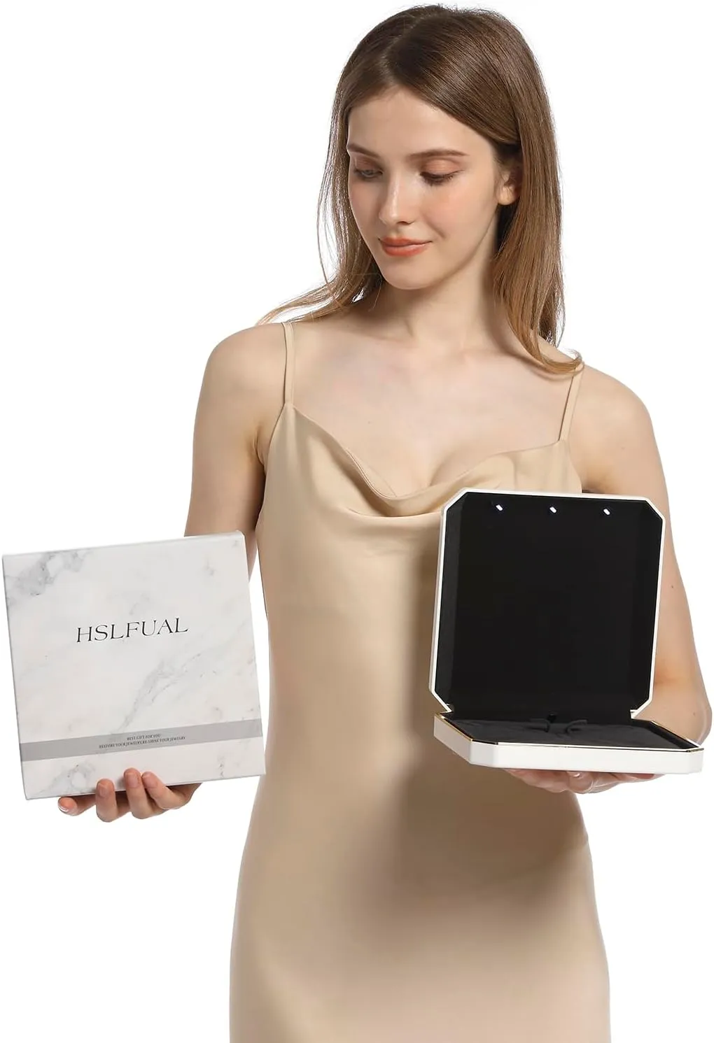 HSLFUAI Necklace Box with Led Light,Jewelry Box for Necklace,Jewelry Gift Box for Wedding, Birthday, Valentine' Day, Mother'S Day, Christmas,Black Velvet Interior Necklace Box(Blue)