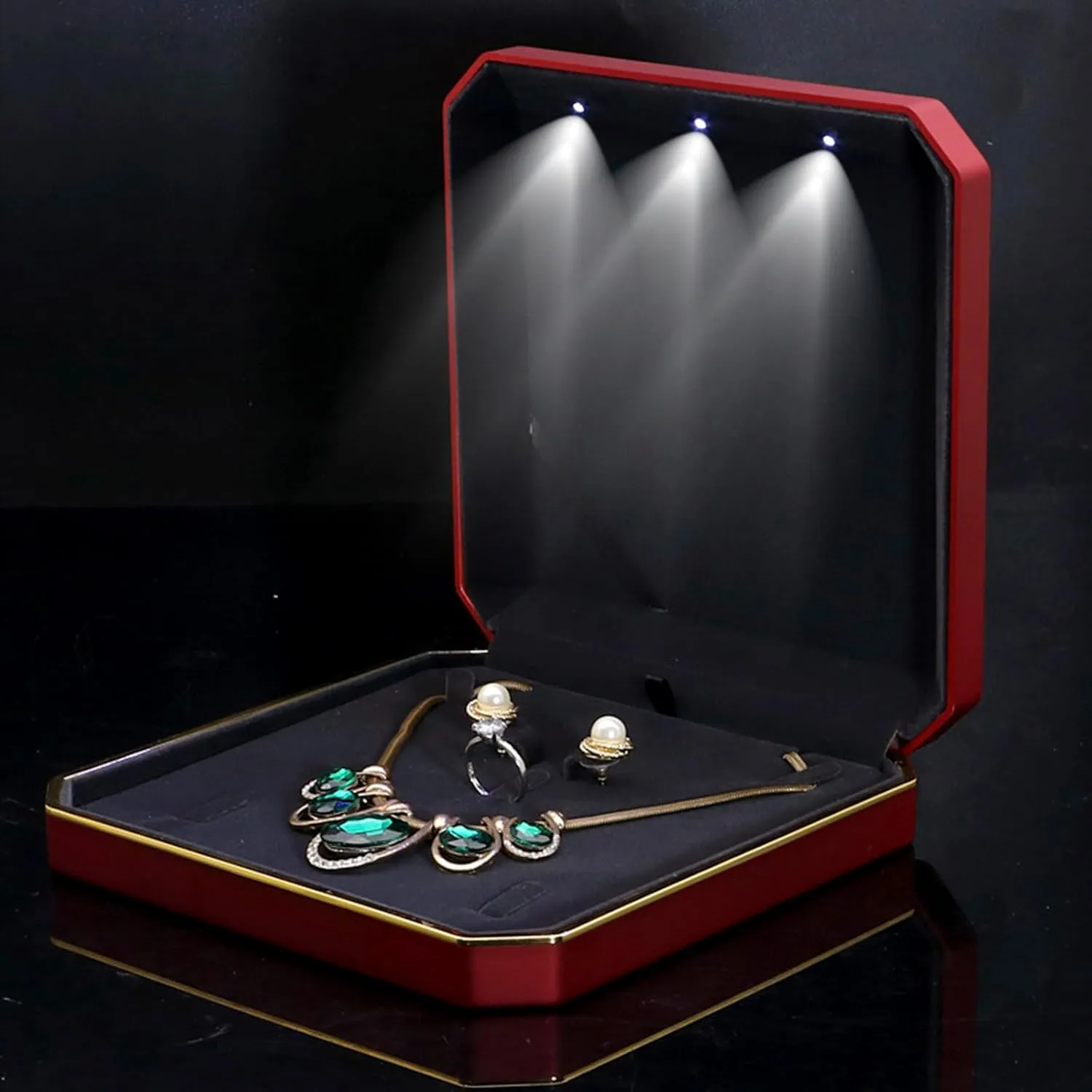 HSLFUAI Necklace Box with Led,Jewelry Box for Necklace, Large Necklace Box,Jewelry Gift Box for Wedding, Birthday, Valentine' Day, Mother'S Day, Christmas,Black Velvet Interior Necklace Organizer