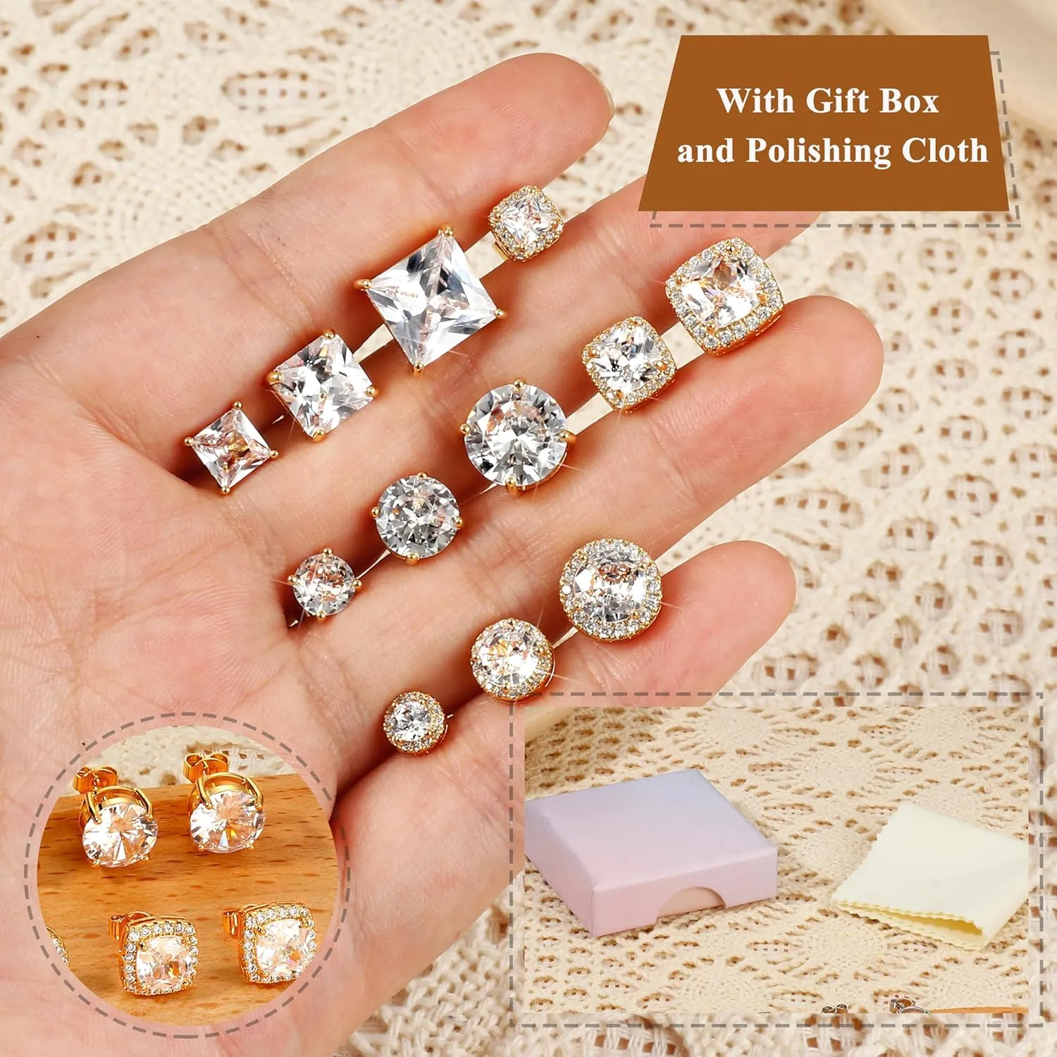 Hypoallergenic Stud Earrings for Women Men - 925 Sterling Silver Earrings for Sensitive Ears - 6/8/10mm Cubic Zirconia Earrings Studs-18K Gold Plated Simulated Diamond CZ Halo Earrings 2/4Pairs