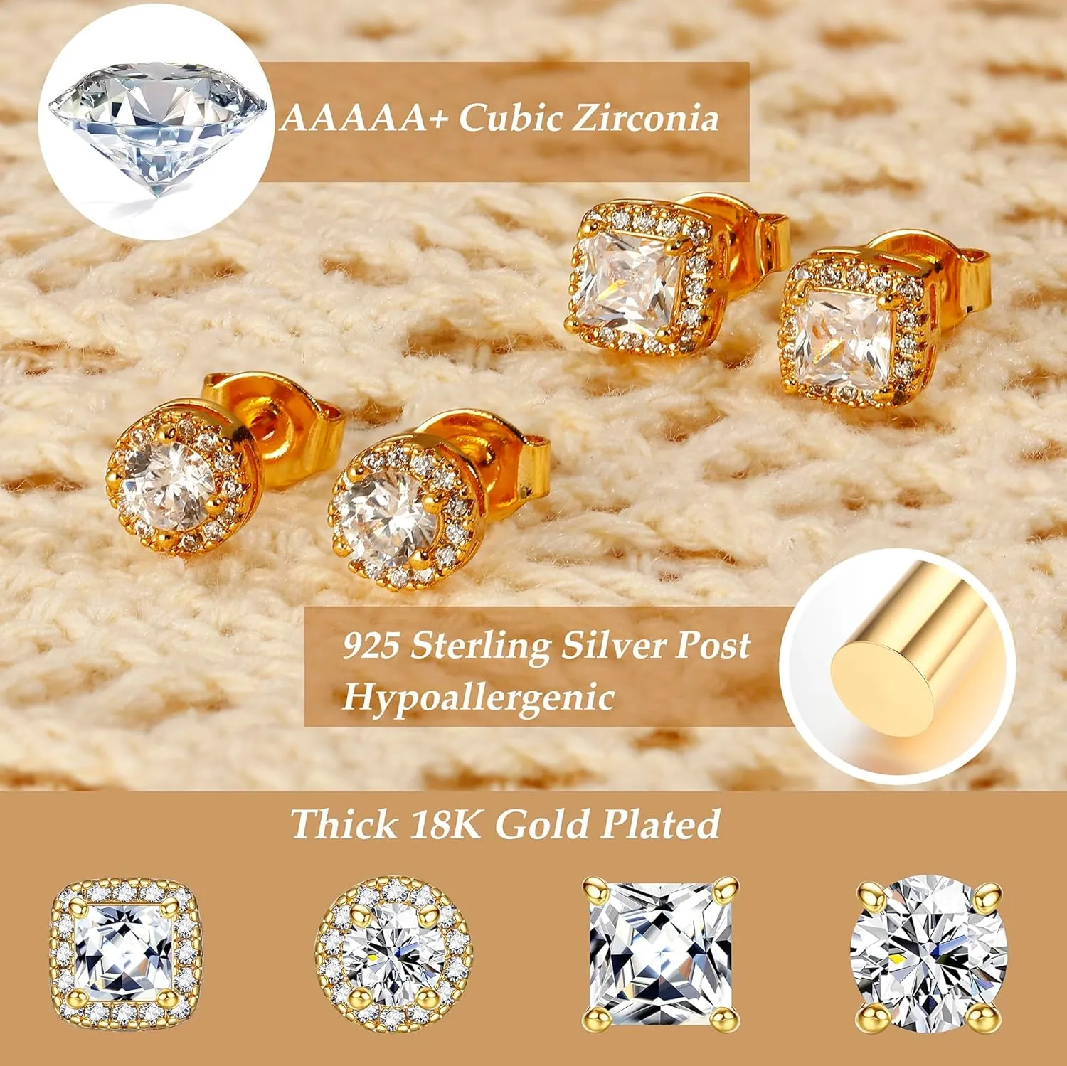 Hypoallergenic Stud Earrings for Women Men - 925 Sterling Silver Earrings for Sensitive Ears - 6/8/10mm Cubic Zirconia Earrings Studs-18K Gold Plated Simulated Diamond CZ Halo Earrings 2/4Pairs