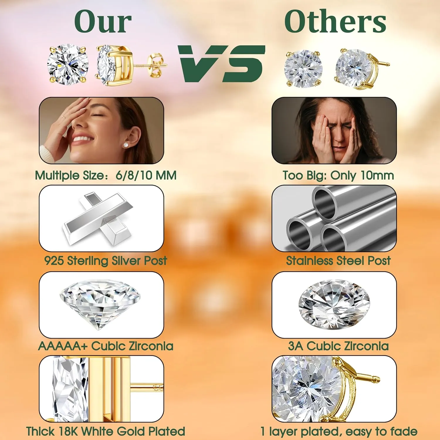Hypoallergenic Stud Earrings for Women Men - 925 Sterling Silver Earrings for Sensitive Ears - 6/8/10mm Cubic Zirconia Earrings Studs-18K Gold Plated Simulated Diamond CZ Halo Earrings 2/4Pairs