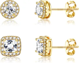Hypoallergenic Stud Earrings for Women Men - 925 Sterling Silver Earrings for Sensitive Ears - 6/8/10mm Cubic Zirconia Earrings Studs-18K Gold Plated Simulated Diamond CZ Halo Earrings 2/4Pairs