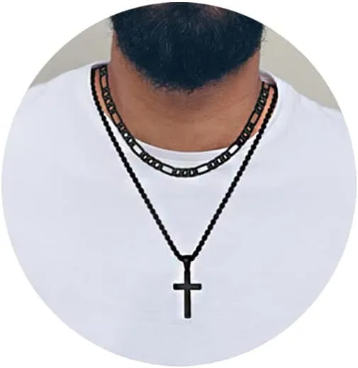 INENIMARTJ Layered Cross Necklace for Men,Stainless Steel Cross Pendant Necklaces Layered Figaro Chain Rolo Chain Faith Cross Necklace for Women 16 18 20 22 24 Inches Necklaces